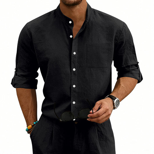 Camisa de Lino Estilo Americano con Cuello Mao y Mangas Medianas para Hombre - Image 4