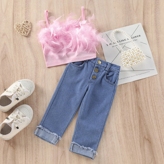 Conjunto Infantil: Top Escotado y Pantalón Denim de Color Sólido - Image 2