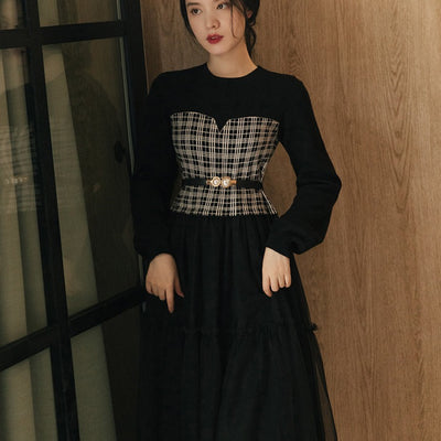 Vestido Cuadros con Malla Combinada - Elegancia y Temperamento - Image 9