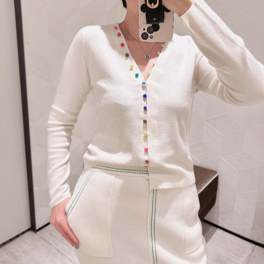 Cardigan de Lana Blanco Cuello V con Hebilla Arcoíris - Suéter Elegante Primavera