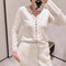 Cardigan de Lana Blanco Cuello V con Hebilla Arcoíris - Suéter Elegante Primavera
