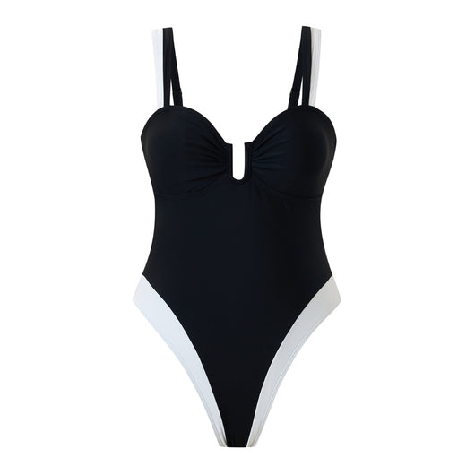 White one-piece women's swimsuit with black side panels and straps, featuring a ruched bust and U-shaped detail. - Image 25