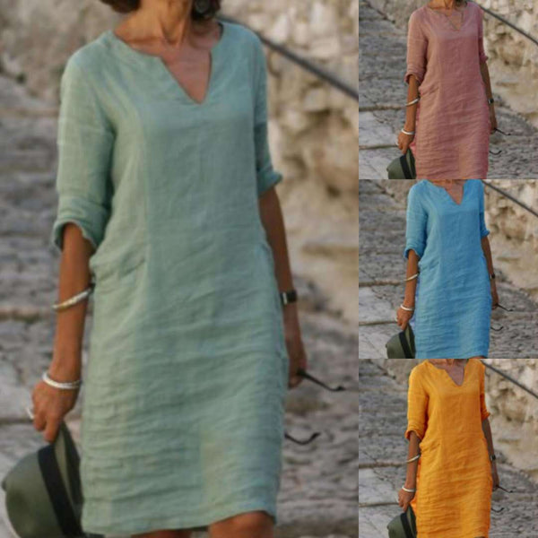Vestido Midi Cuello V Otoño - Diseño Clásico Europa y América