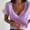 Blusa con Cuello V y Mangas Fruncidas de Color Sólido