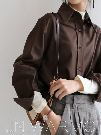 Blusa Coreana Suelta de Color Liso para Mujer - Básico Versátil de Manga Larga - Image 4