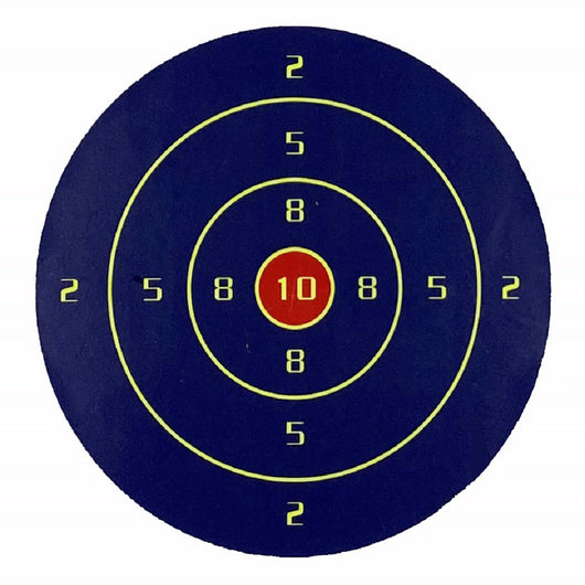 Roll of dark blue shooting target stickers with fluorescent yellow rings and numbers, and a red bullseye. - Image 6