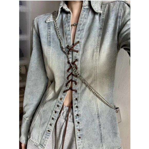 Camisa Denim Lavada con Cordones para Mujer