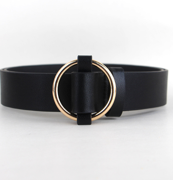 Black faux-leather women's belt with a shiny gold-tone round pin buckle, displayed on a white background. - Image 12