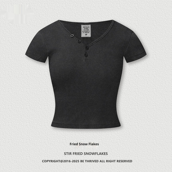 Blusa Retro Americana Slim Fit Cuello V Manga Corta - Image 3