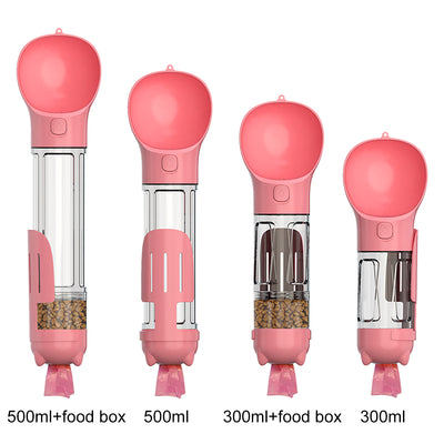 Four teal pet multi-functional water bottles, two with food boxes, in 300ml and 500ml sizes. - Image 18