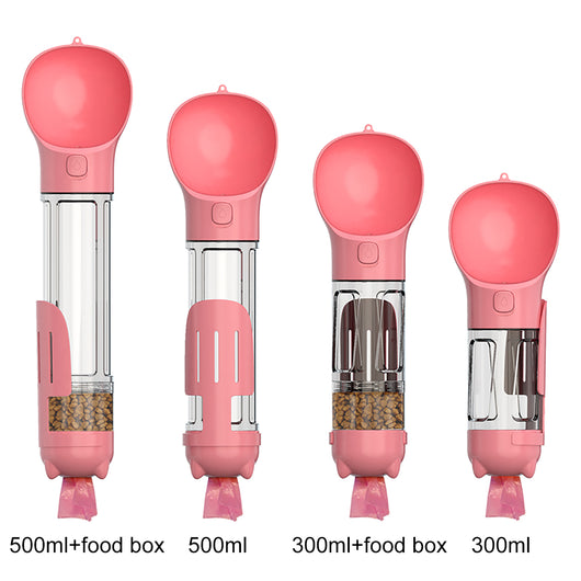 Four teal pet multi-functional water bottles, two with food boxes, in 300ml and 500ml sizes. - Image 18