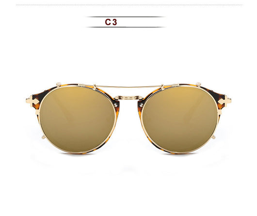 Round frame sunglasses with light blue mirrored lenses and a gold-tone metal frame, featuring a double bridge. - Image 12