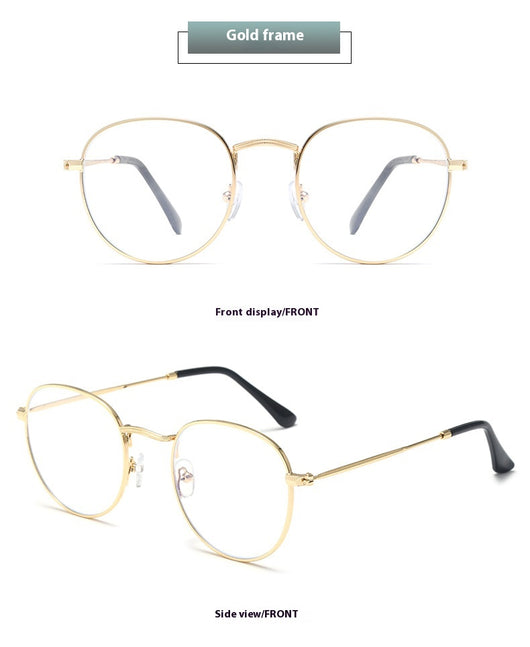 Black metal round frame anti-blue ray glasses with clear lenses, shown at an angle on a white background. - Image 16