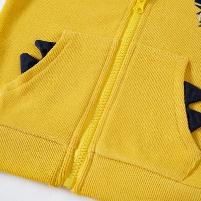Olive green full-zip hoodie for kids with orange dinosaur spikes on the hood and pockets, and a dinosaur embroidery. - Image 10
