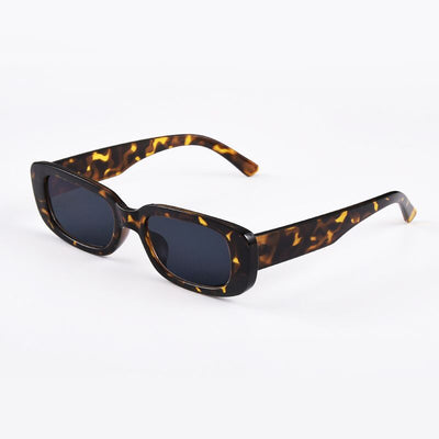 Rectangular tortoiseshell sunglasses with a small frame and dark gray lenses, angled on a white background. - Image 14