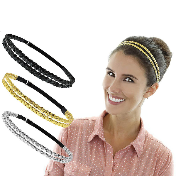 Diadema Elástica Trenzada Tres Hilos Oro y Plata