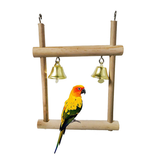Natural solid wood bird stand with two golden bells, featuring a horizontal perch and two vertical supports. - Image 4