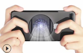 Black mobile gaming trigger with a silver button and nine circular control buttons, clamped onto a white smartphone. - Image 17