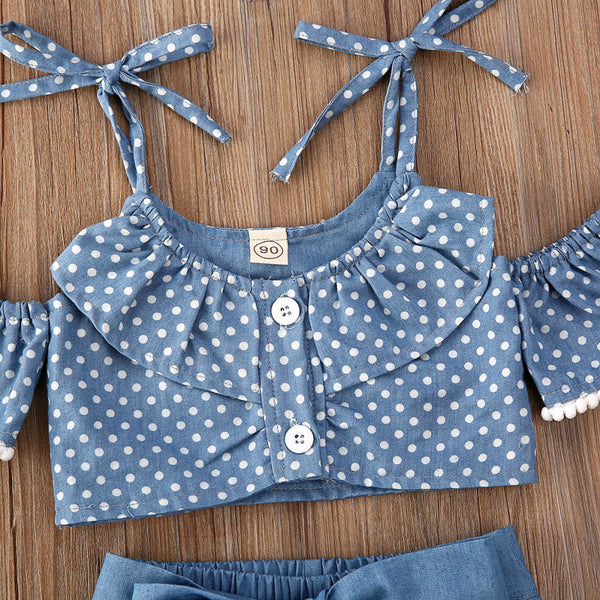 Conjunto de 3 Piezas: Short Denim con Lunares, Top Sling y Falda Corta
