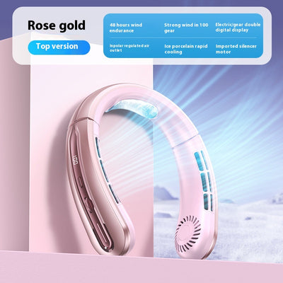 Ocean blue portable neck fan with digital display, showing 100 fan speed, designed for outdoor sports and personal cooling. - Image 9