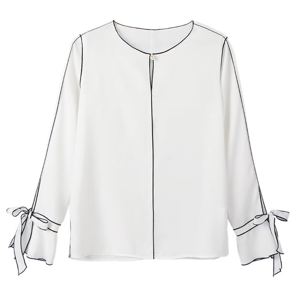 Blusa Elegante Coreana de Manga Larga con Detalles de Cuentas y Contraste de Color