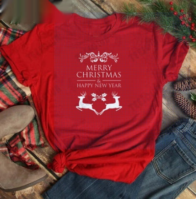 Red women's t-shirt with "Merry Christmas" text and three Christmas trees, featuring buffalo plaid and leopard print. - Image 17