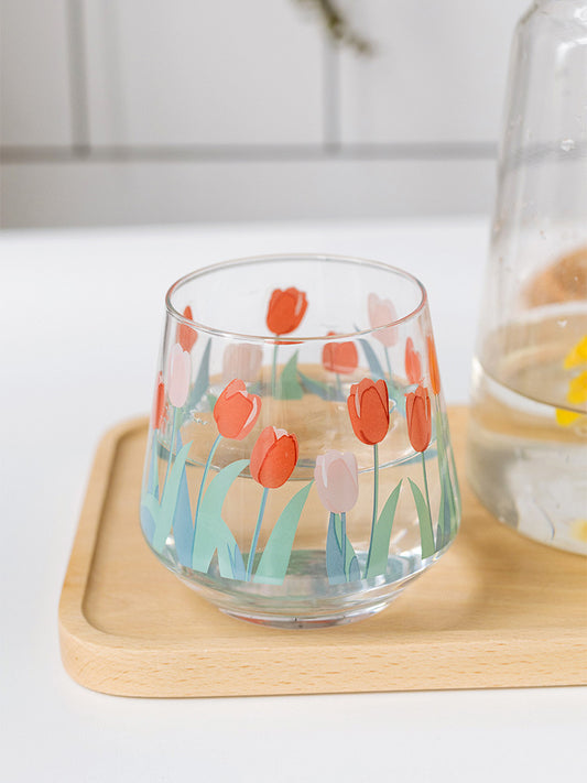 Vaso de Agua en Vidrio con Diseño de Tulipanes
