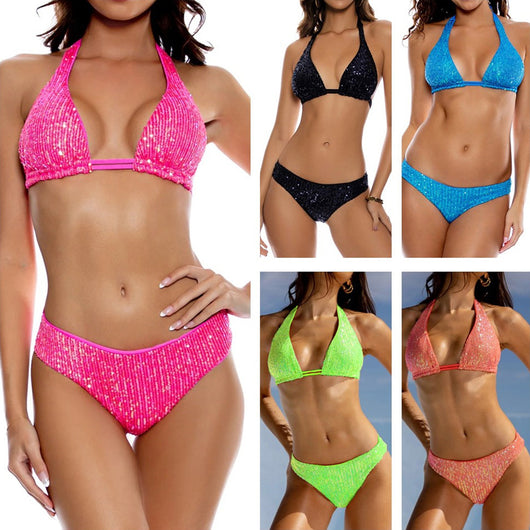 Pink and yellow sequined halter bikini top and high-cut bottoms on a model against a clear blue sky. - Image 36