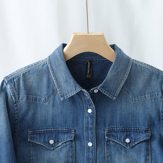 Camisa Denim Retro Suave con Bolsillos Dobles y Diseño Desgastado - Image 3