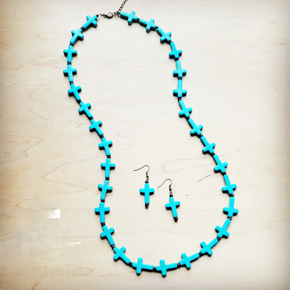 **Colar de Madeira com Cruz e Turquesa Azul 258n