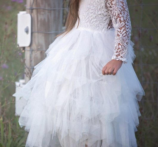 Vestido Princesa Niña Encaje Manga Larga Blanco Irregular Otoño Invierno - Image 2