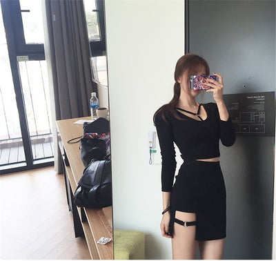 Falda Negra Coreana Bodycon Corta con Dobladillo Irregular - Image 8