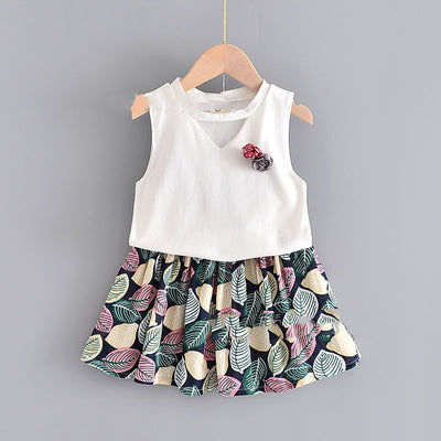 Conjunto Infantil Blusa Floral sin Mangas + Falda Estampado Hojas - Image 4