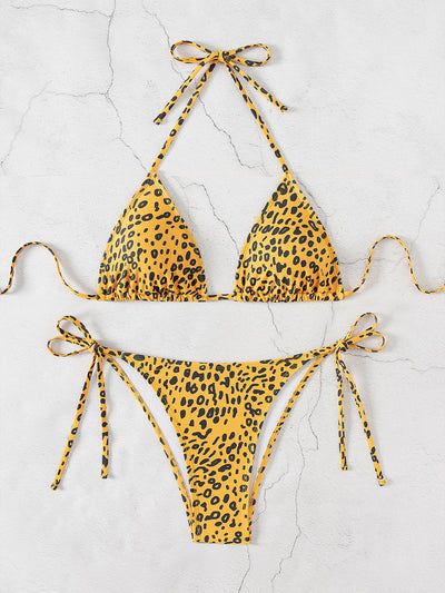 Red floral print triangle cup bikini set with matching bottom, featuring a small gold charm on the top. - Image 17
