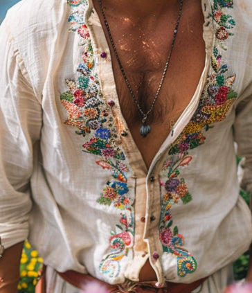 Camisa Casual Retro Hombre Cuello Abierto con Bordados - Image 15