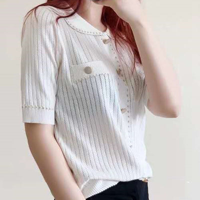 Blusa Verano Cuello Solapa Seda Dorada con Ribete Brillante - Image 9