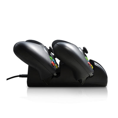 Black dual charging dock for Xbox One wireless controllers with an LED display, shown with two black controllers. - Image 6