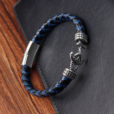 Pulsera de Acero Titanio para Hombre con Cuero Trenzado y Ancla - Image 4