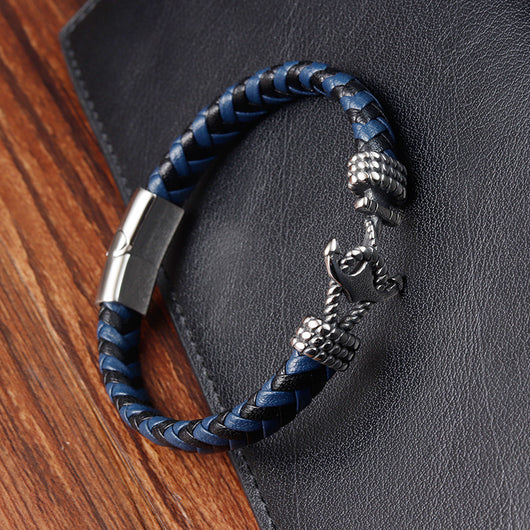 Pulsera de Acero Titanio para Hombre con Cuero Trenzado y Ancla - Image 4