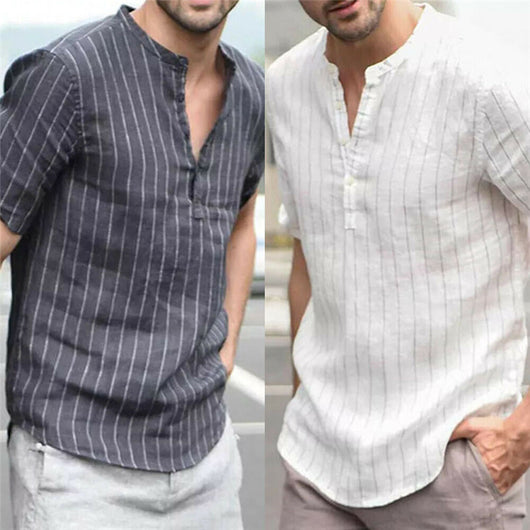 Camisa Slim Fit de Manga Corta con Cuello Pequeño a Rayas