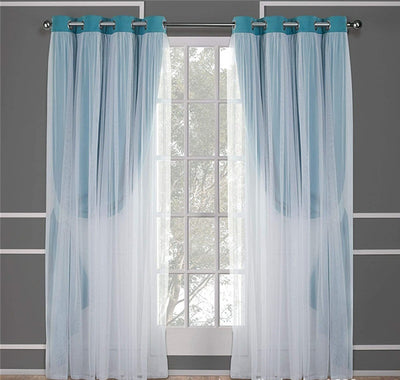 Dark blue double layer shading curtains with white sheer lace overlays, hung on a silver grommet rod. - Image 15