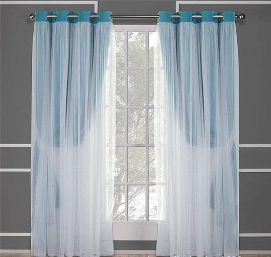 Dark blue double layer shading curtains with white sheer lace overlays, hung on a silver grommet rod. - Image 15