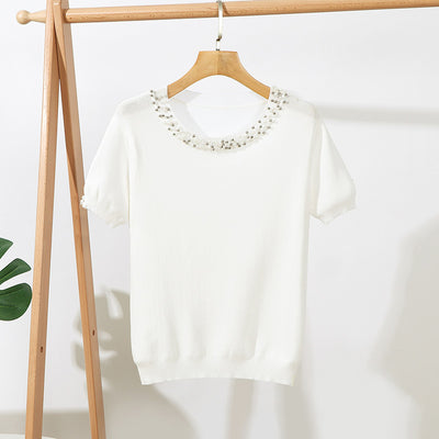 Blusa Suelta de Cuello Redondo con Cuentas en Colores Sólidos - Image 3