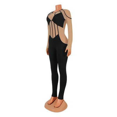 Jumpsuit Transparente con Malla y Combinación de Colores de Manga Larga - Image 7