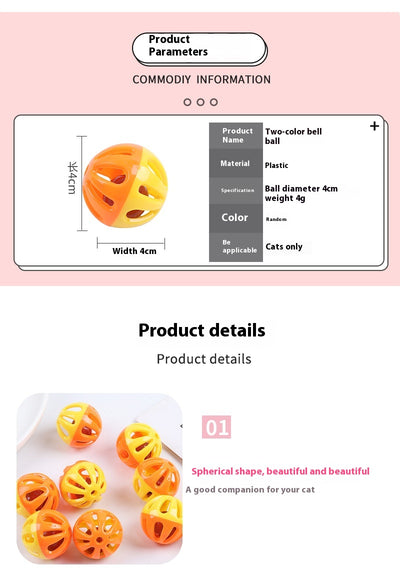 Five colorful plastic pet bell balls in red, yellow/orange, lime green, and hot pink, with hollow designs. - Image 8