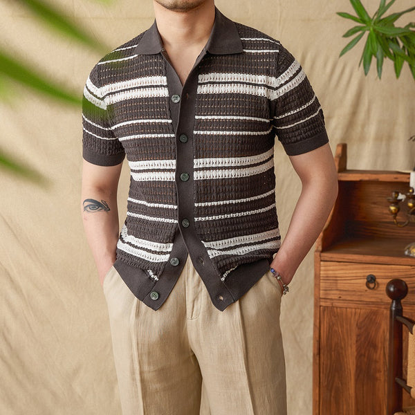 Cardigan Tipo Polo para Hombre con Rayas Veraniegas y Manga Corta