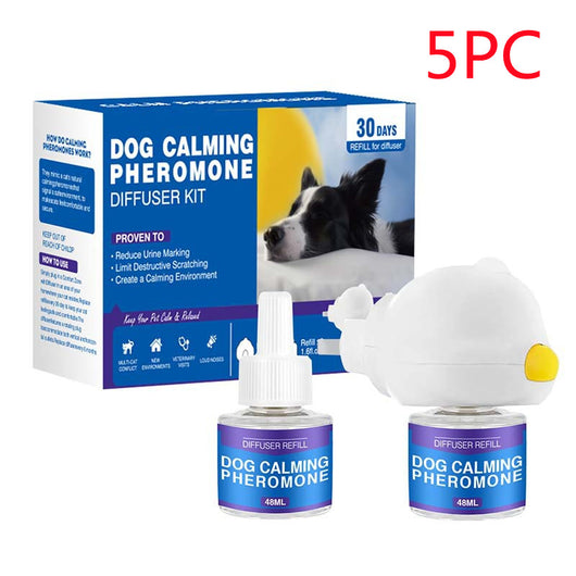 Cat Calming Pheromone Diffuser Kit with a white plug-in diffuser and a green refill bottle, next to its green and white box. - Image 17