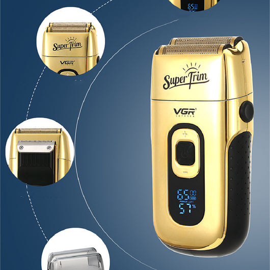 Gold digital display hair clipper and reciprocating shaver kit with extra foil head, cleaning brush, oil, and charging cable.