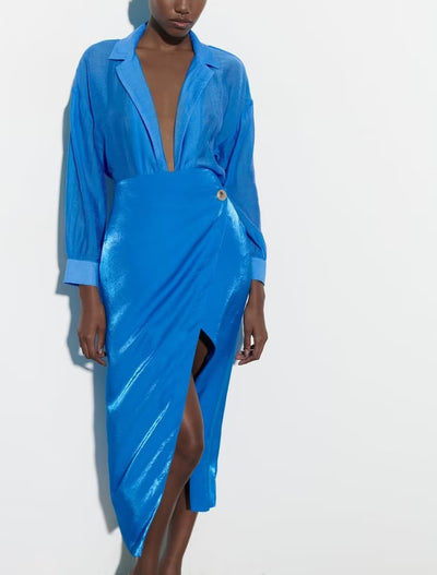 Blusa Cruzada de Satén con Falda Sarong de Cintura Alta - Image 14