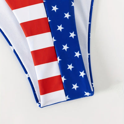 Women's three-piece swimsuit with American flag print, including a halter bikini and a long-sleeved mesh cover-up. - Image 4